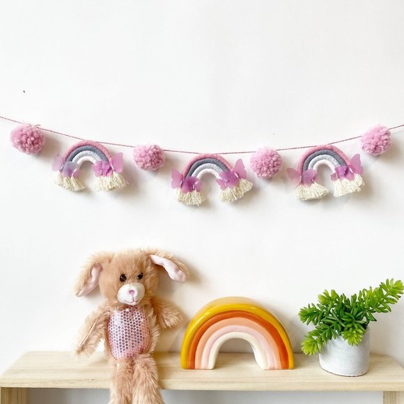 Macrame Rainbow Garland, Pom Pom Rainbow Garland, Yarn Macrame Mini Rainbows - Picture 2 of 6